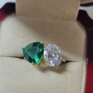 Gold - Plated 925 Two-Stone Ring with Green and Clear Stones